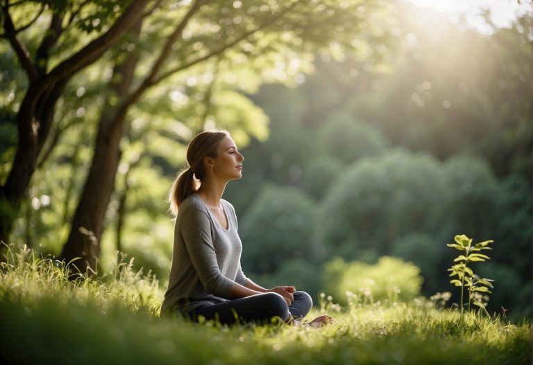 woman sat in field meditating